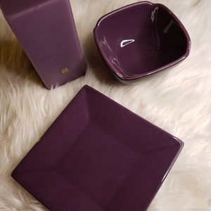 PARTYLITE #8086 PURPLE ZEN 3 PC TRAY SAUCER BOWL VOTIVE CANDLE HOLDER